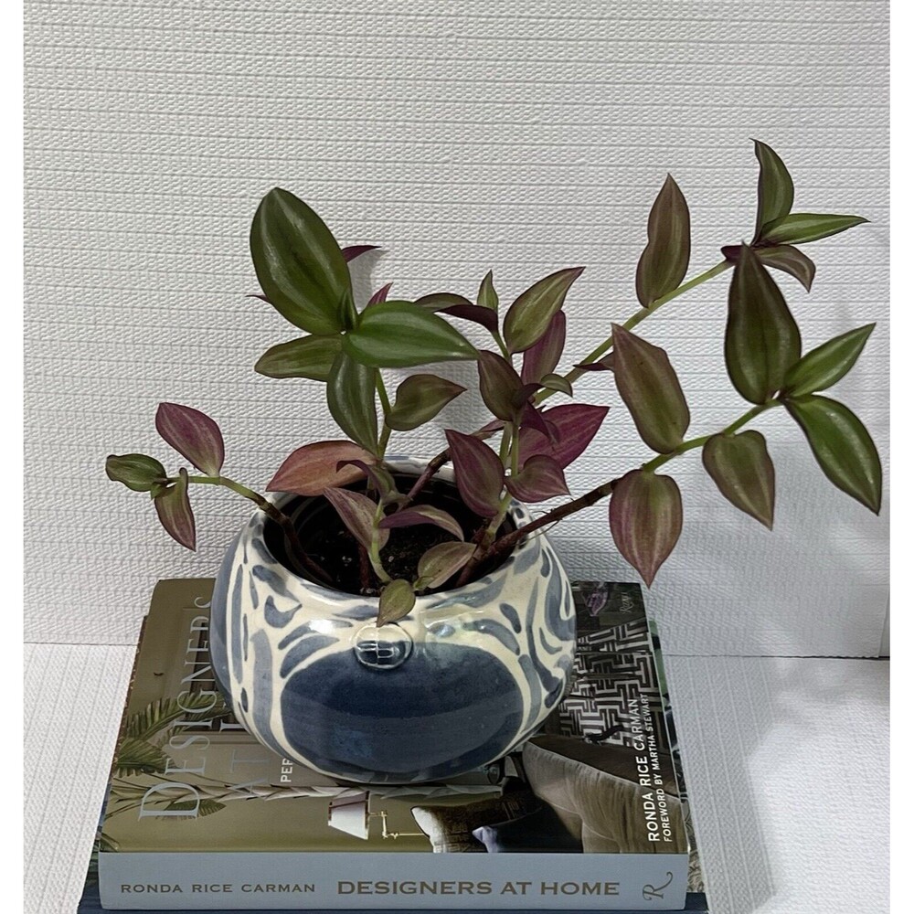 Blue & White Swirl Stoneware Planter Flower Pot Round Wheel Thrown Maker’s Mark